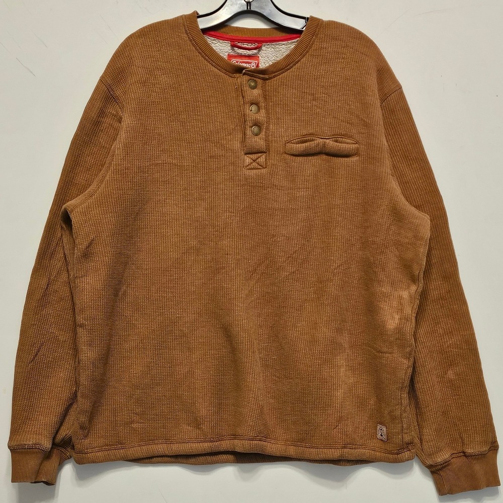Coleman Mens Brown Waffle Knit Sherpa Lined Henley Pullover Large JT4